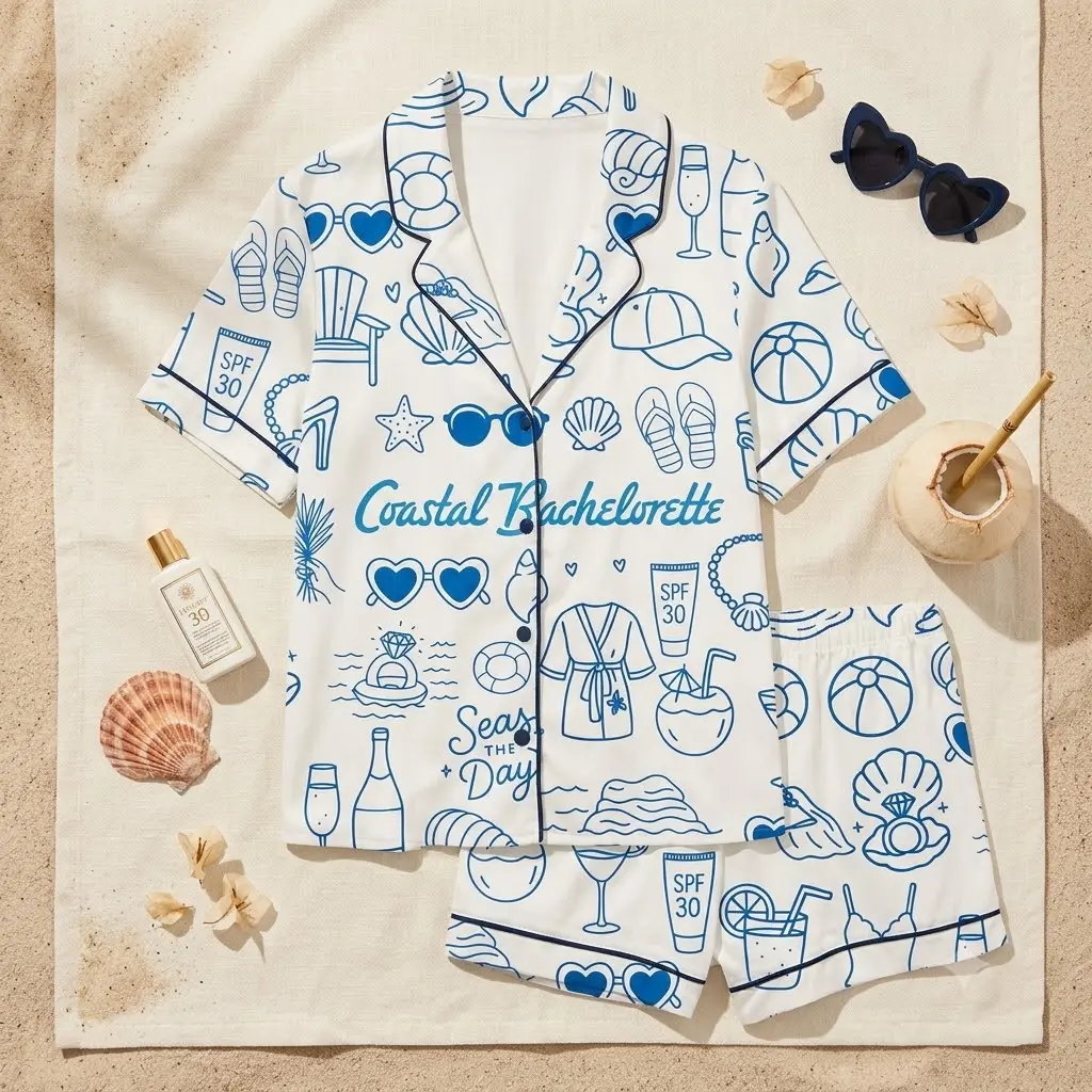 Coastal Bachelorette Pajama Set White Blue Beach Bachelorette PJs Seas The Day Doodle Print Lounge Set Short Sleeve Button Down Shirt Shorts Sleepwear Bride To Be Bridesmaid Gift for Women Soft Cozy Summer Loungewear Trendy Matching Pyjamas
