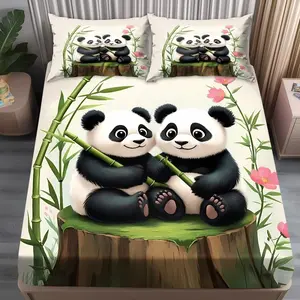 3pcs Cute Twin Panda Bedding Set with Bed Skirt and 2 Pillowcases, Soft Bamboo Print Fabric for Kids Bedrooms and Cozy Guest Rooms