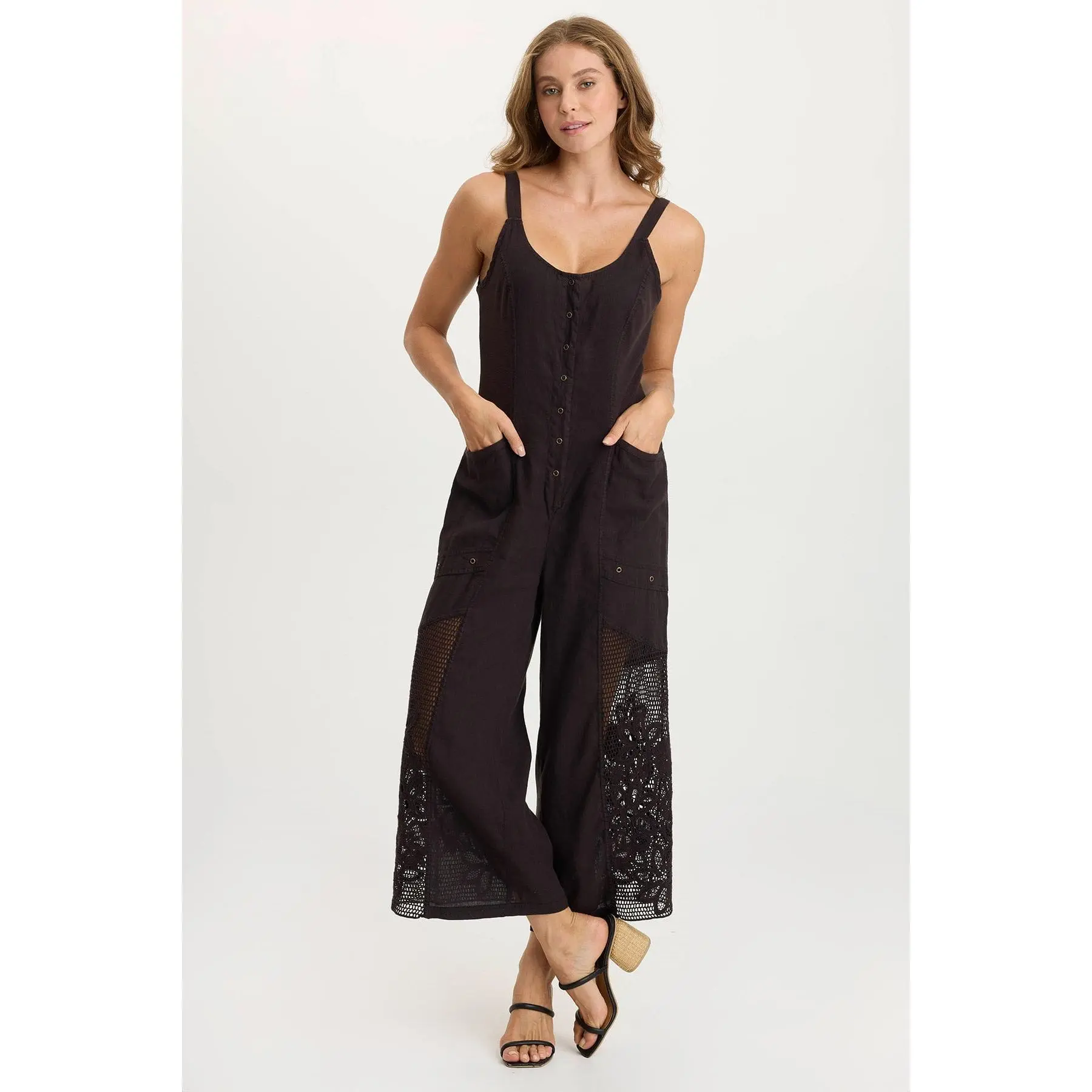 Nairi Linen/Crochet Mesh Contrast Jumpsuit