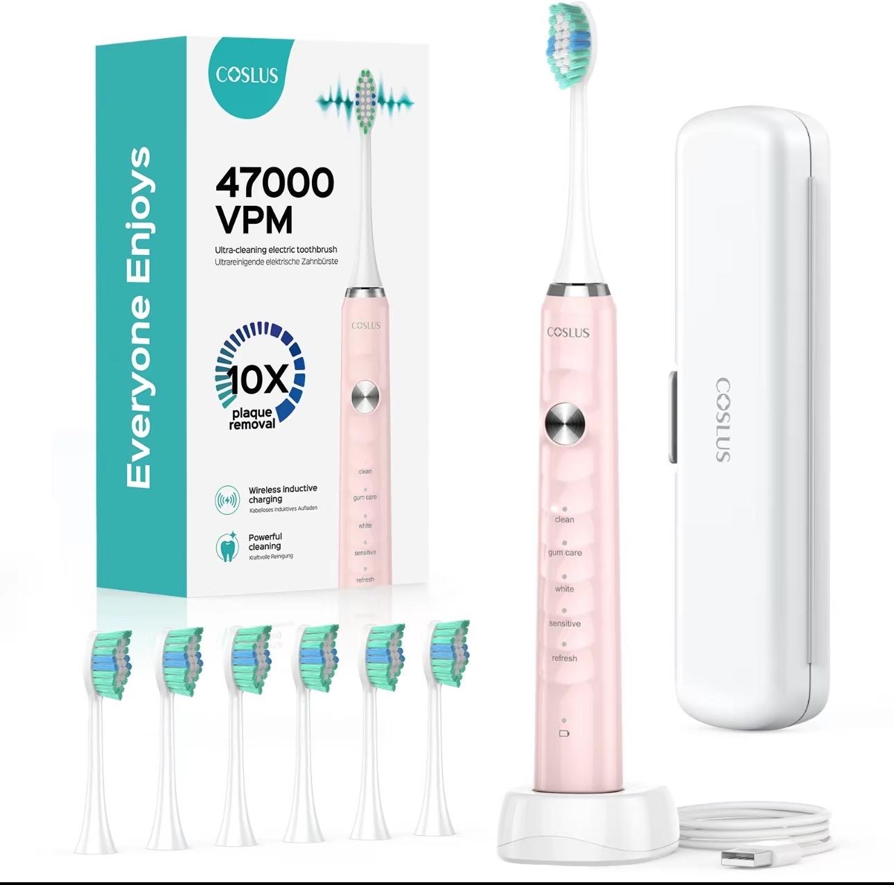 6 Replacement Brush Heads Electric Toothbrush with 47,000 VPM and 10x Cleaning Power - Cleansing, Wireless Charging, IPX Waterproof