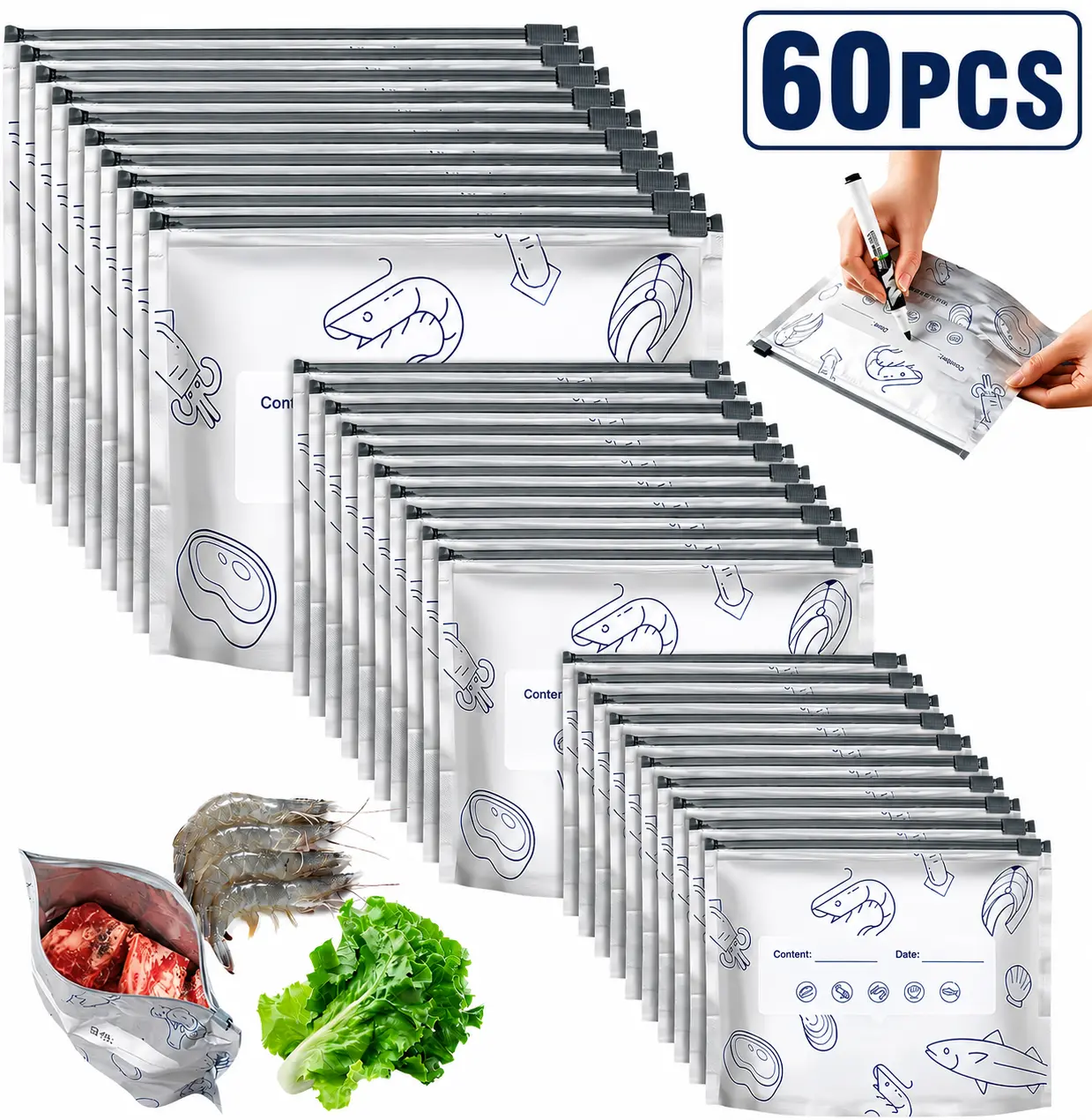 Thick Heavy Duty Aluminum Foil Storage Bags, Reusable Resealable Zipper Pouches with Stand Up Bottom and Labels for Food, Vegetable, Fruit, Meat (3 Sizes)