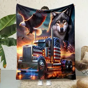 Cozy Eagle and Wolf Truck Flannel Blanket  Soft Warm Reversible  Machine Washable for Bed Sofa Camping