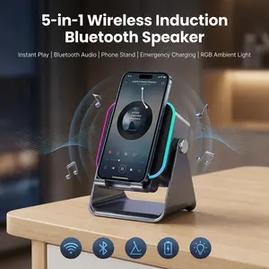5-in-1 Wireless Induction Audio Speaker Stand, Bluetooth Phone Holder Charging Station for iPhone iPad, Adjustable Desktop Dock, Portable Home Office Gadget Gift