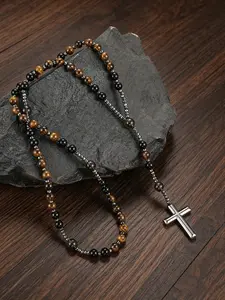 Fashion Retro 8mm Natural Tiger Eye Bead Hematite Cross Pendant Necklace, Unisex Rosary Religious Prayer Jewelry Beaded Necklace, Natural Stone Necklace