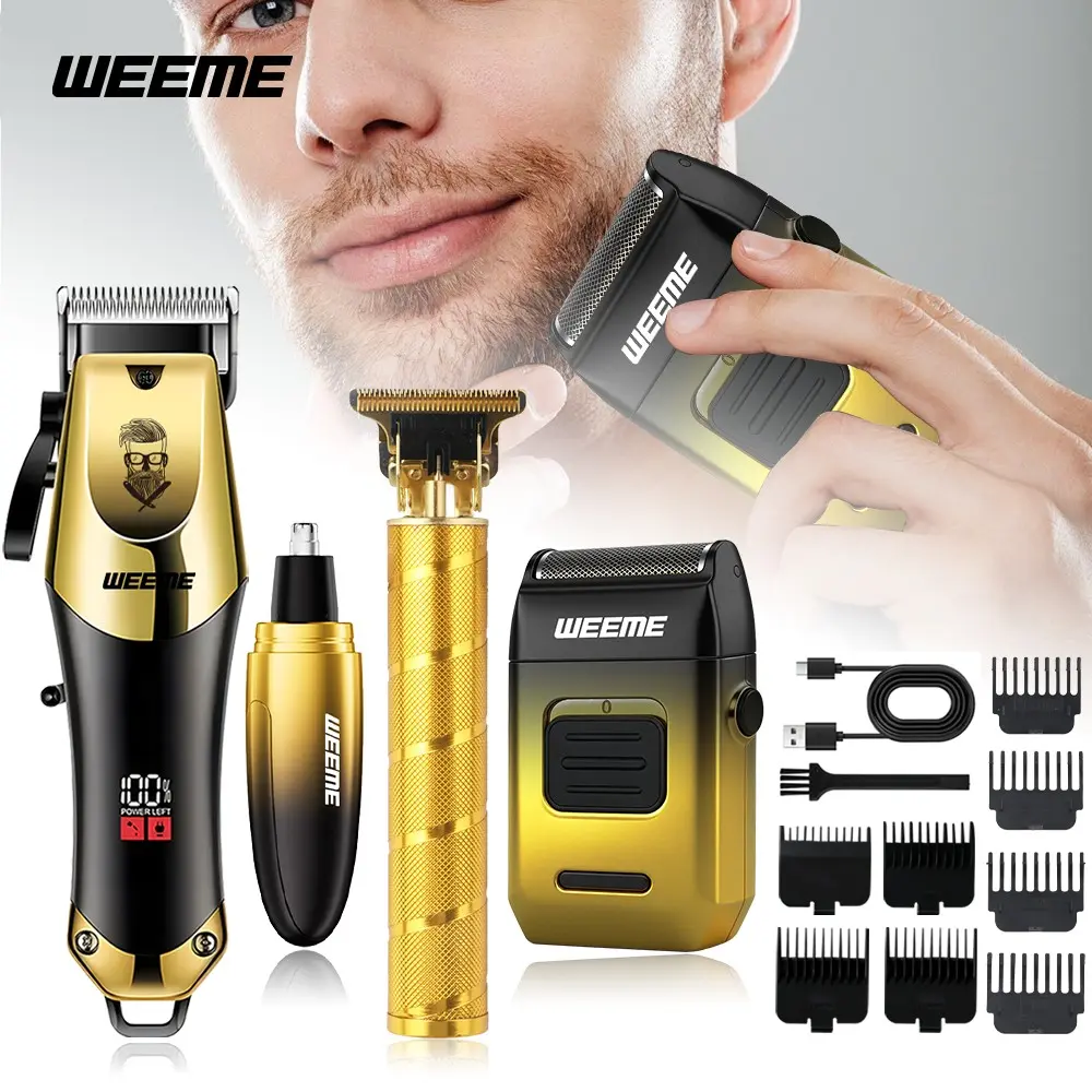 Weeme 4pcs Gradient Gold Men's Multi-Function Grooming Set, Electric Hair Clipper, Razor, Nose Trimmer, Waterproof, Portable