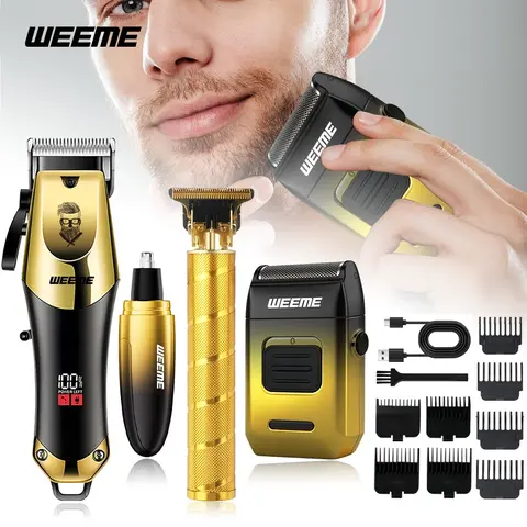 Weeme 4pcs Gradient Gold Men's Multi-Function Grooming Set, Electric Hair Clipper, Razor, Nose Trimmer, Waterproof, Portable, Clippers and Trimmers Set