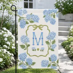 Personalized Hydrangea Monogram Garden Flag, Custom Initial Yard Flag, Blue Floral Preppy Porch Decor, Elegant Summer Garden Sign