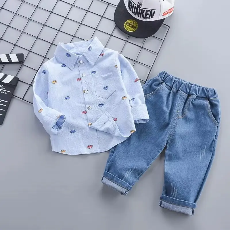 Two piece set of stylish car printed shirt with long sleeves and denim pants for boys, infants, and children in spring and autumn Baby Clothing Casual Jeans
