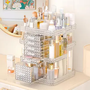 360 Rotating Makeup Organizer for, Large Skin Care Organizer with 6 Drawers Clear Acrylic Cosmetic Organizer Spinning Makeup Perfume Organizer for Dresser (Clear)