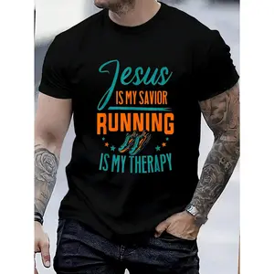 100% Cotton Marathoner Jesus Is My Savior Running Is My Therapy Marathon T-Shirt Women's Men's Graphic Tee Causal Tops Fashion