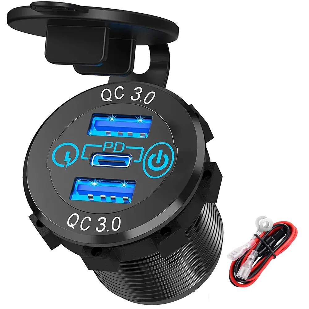30W PD 3.0 USB-C Car Charger Socket, Type C Charging, Usb C Car Charger Fast Charging, 12V/24V Multiple USB Outlet Quick Charger, High Speed Charger, High Efficiency Charger, Dual QC3.0 18W Ports Charger Socket with Power Switch for Car RV Truck