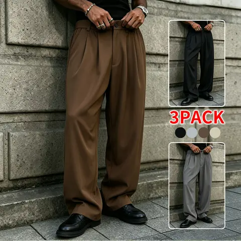 Men’s neutral-tone 3-pack wide-leg dress trousers, high-rise pleated elastic waistband, smooth fall/winter bottoms, versatile with knit cardigans and long-sleeve shirts adventure sweatpants loose baggy outdoor jogging pant breathable comfortable school