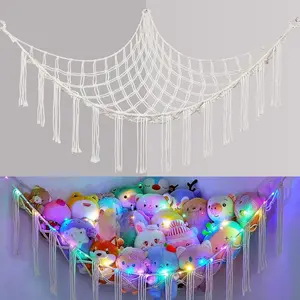 Stuffed Animals Net or Hammock with LED Light, Hanging Stuffed Animals Storage Toy Hammock Net Corner Wall Girls Room Decor Toy Storage Organizer, White, L