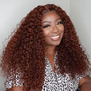 UNice Ready To Wear Glueless 7x5/13x4 Pre-cut Lace Reddish Brown Curly 100% Human Hair With Bleached Knots Beginners Friendly Wig 100% Human Hair