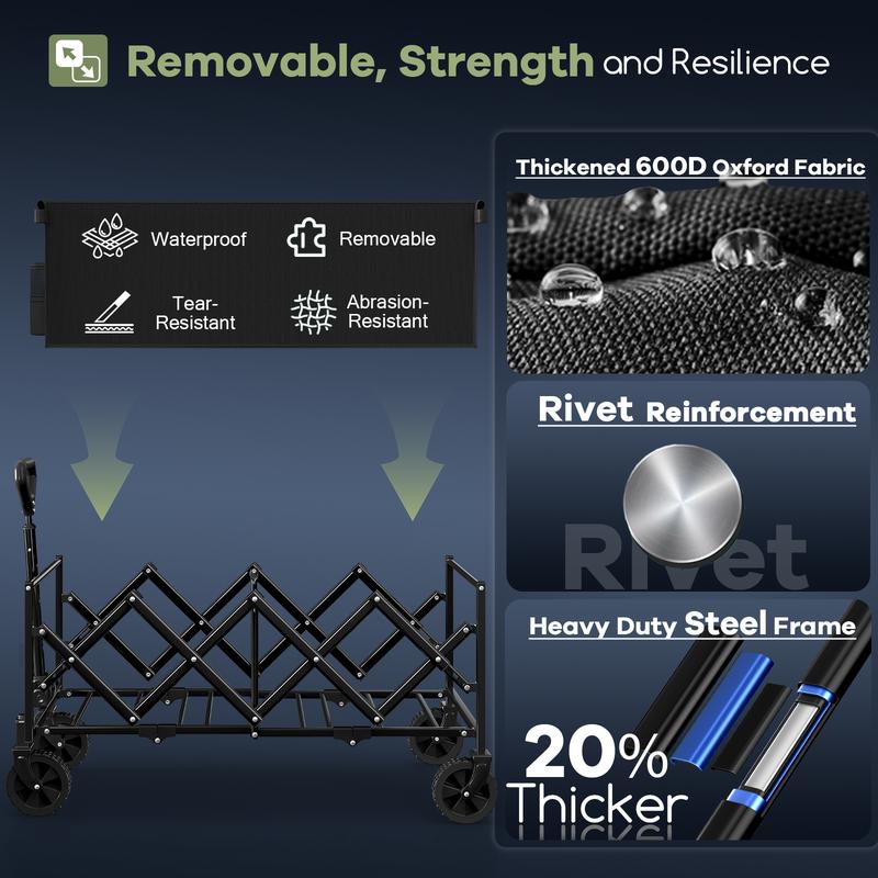 Collapsible Wagon Cart Foldable 34'' Extra Long, 360LBS Heavy Duty Folding Gardening Cart with Wheels, Portable Utility Outdoor Wagon for Grocery, Shopping, Sports, Camping, Black