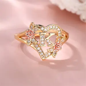 Elegant Rose Golden & Golden-Plated Adjustable Ring with Sparkling Synthetic Zirconia Heart, Double Flower Design, and Letter "K"