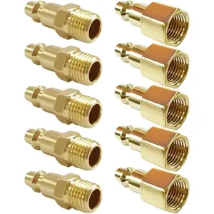 10 count 1/4 Inch NPT Male & Female Industrial Air Hose Quick Connect Plug Brass Finish Air Compressor Pneumatic Coupler Fitting Adapter