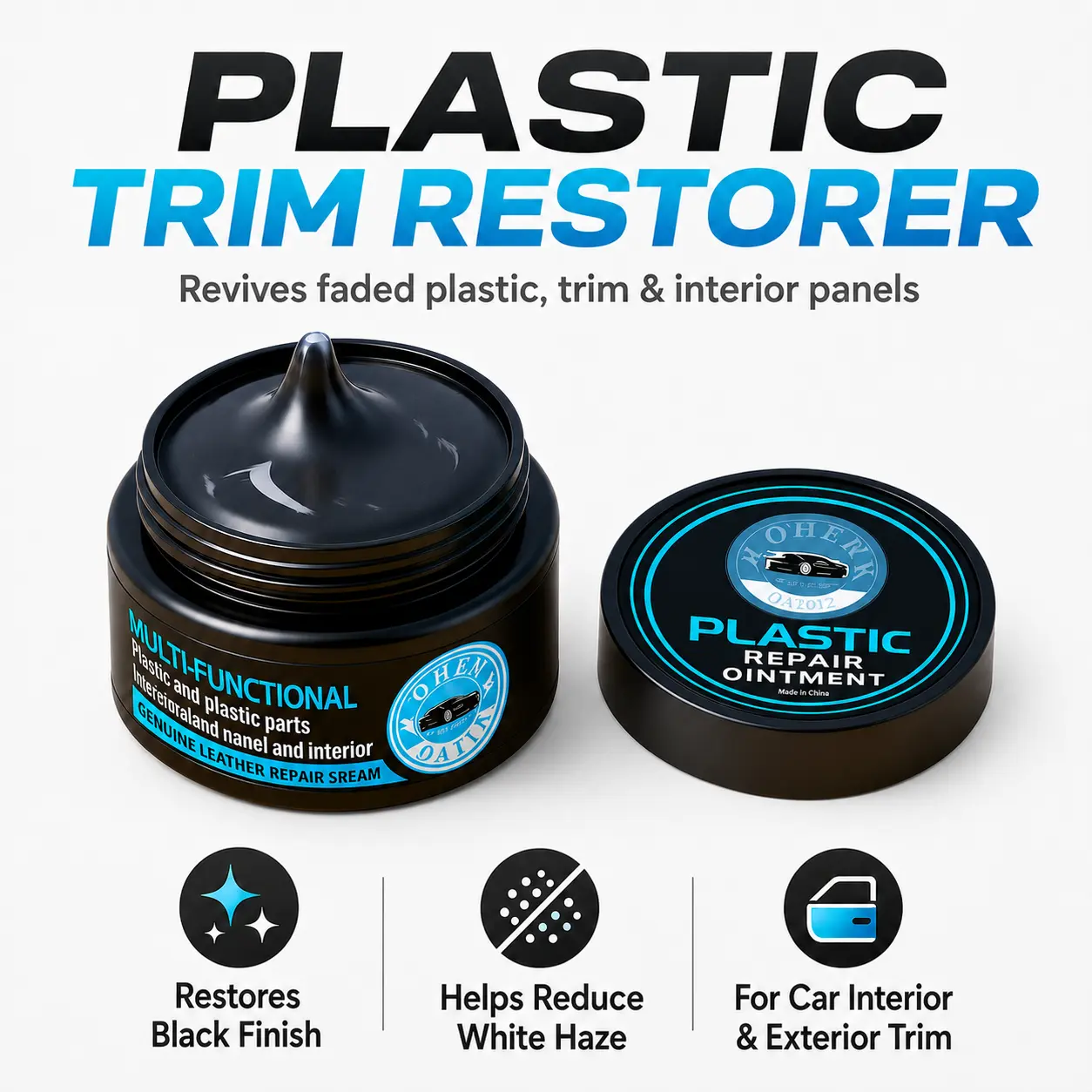Car Interior Plastic Restorer Cream - Restores Shine, Renews Dashboard & Door Panel, Fixes Faded Black Plastic, Light Scratches & White Scuffs, Trim Care Product