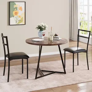 3-Piece Dining Table Set for 2, Small Round Dining Set with 2 Upholstered Chairs, Metal Frame & Wood Grain Tabletop, Kitchen Table and Chairs for Small Space, Apartment, Rustic Brown