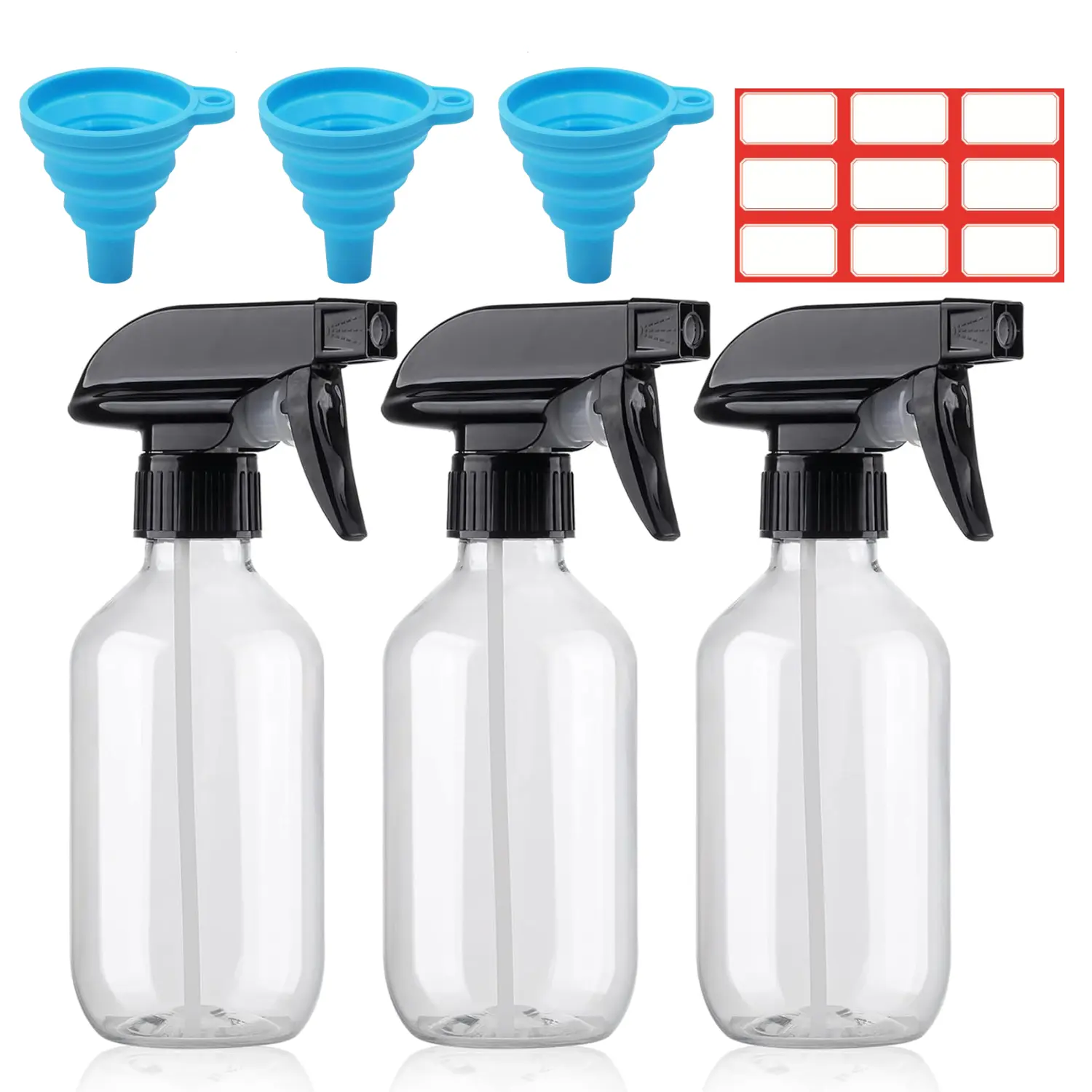 3 pcs 10oz plastic spray bottle, with 3 funnels and 1 label sticker, refillable container, fine mist small spray bottle, with adjustable nozzle, suitable for hair, cooking, home cleaning