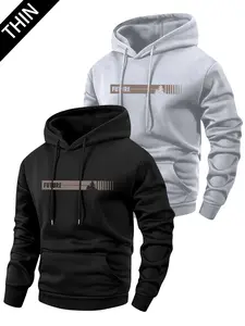 2 Pieces Men's Spring & Autumn Lightweight Long Sleeve Hooded Top with Kangaroo Pocket, Stylish Lettering Coconut Tree Print, Casual Sports Outdoor Wear for Cool Weather