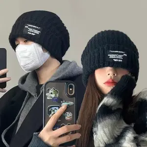 Men's wool hat with large head circumference autumn and winter trend warm versatile face small loose knitted hat with headband cold hat