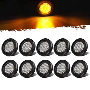 Partsam 10x 2 Clear Lens Round Amber 9 Led Side Marker Clearance Light w Grommet/Pigtails, 2 inch LED Lights for Trailer Truck