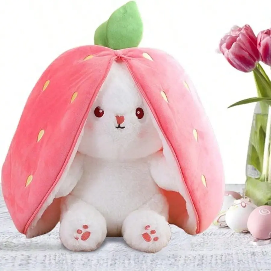 1Pc Reversible Plush Toy, Soft Stuffed Animal, Strawberry Bunny, Super Soft Stress Relief Companion, Cute Soft Cuddly Gift For Kids Teens Adults
