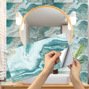 6/12/24/48 PCS FG Retro Tile Stickers Light Blue Gold Fluid Marble PVC Crystal Film Self-Adhesive Waterproof Oil-Proof Splashback for Kitchen Bathroom Floor Tile Wood Home Decoration