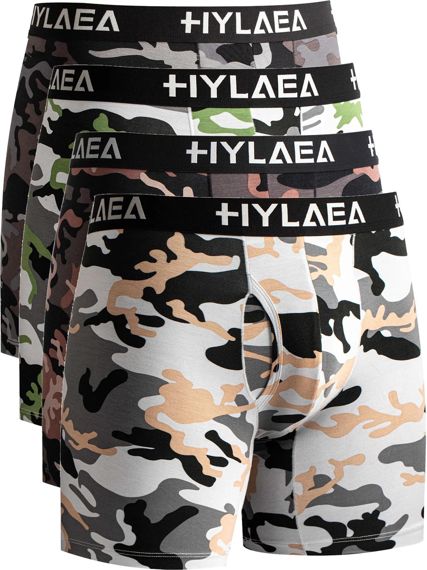 Hylaea Men's Bamboo Fiber Camouflage Boxer Briefs 4-Pack, Cool Moisture-Wicking, Anti-Chafing, Breathable Underwear for Gym, Daily Wear, 4 Pack: All Camouflage