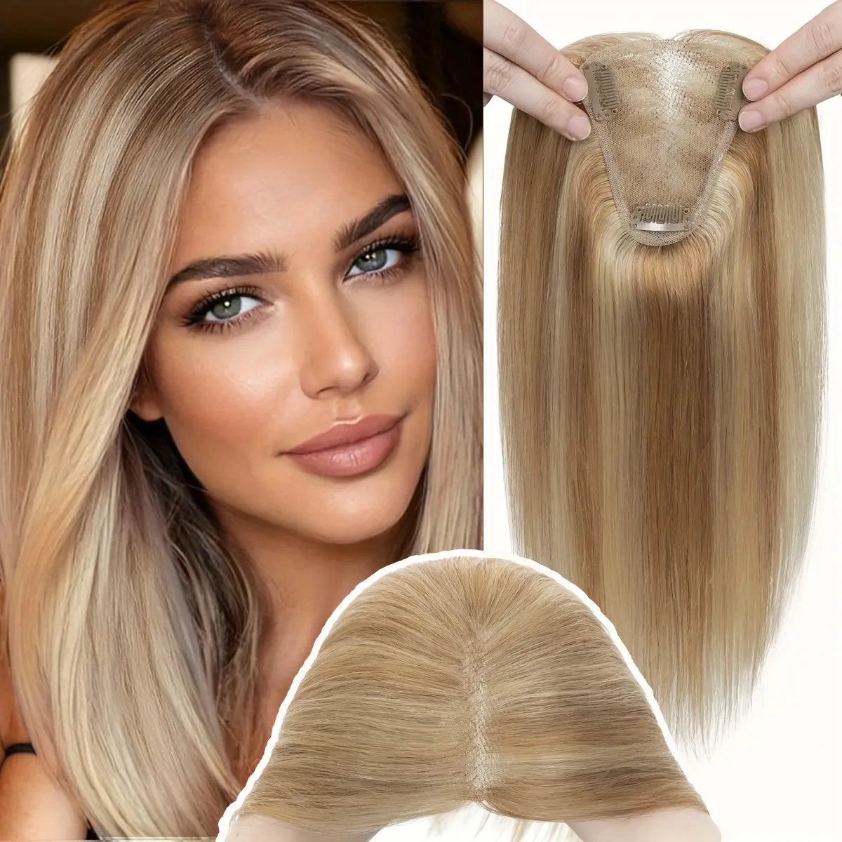 Hair Topper for Women, Hand Hook 100% Remy Human Hair, Hand-Tied Single Knot 8x10cm Lace Base with 3 Clips, Can Be Styled, Hand Hook Human Hair Topper