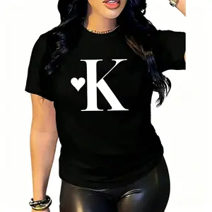 Women's Cotton Crew Neck T-Shirt - Minimalist Initial "K" with Heart Monogram Graphic Tee