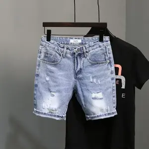 pocket athletic sweat Casual Denim Knee-Length Shorts for Men Korean Style High-Street Cat Whisker Distressed Slim Blue Summer Boyfriend Short Jeans Menswear Streetwear Pants Trouser Operator Motocross Beige N9206Blue_Blue pocket short