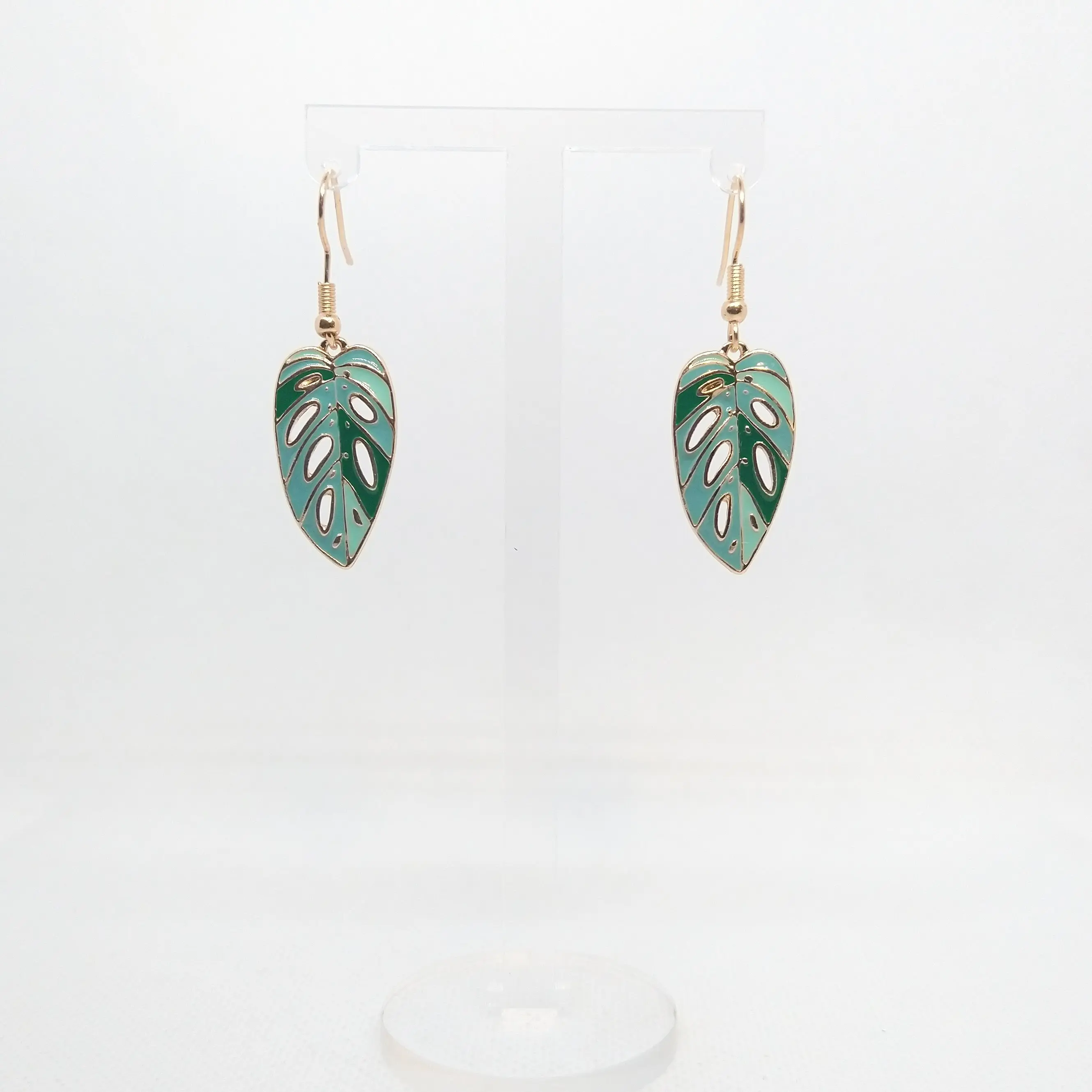 #448 Light & Dark Green Monstera Leaf Earrings, Casual, Summer, Tropical, Plants, Boho, Everyday, Alloy