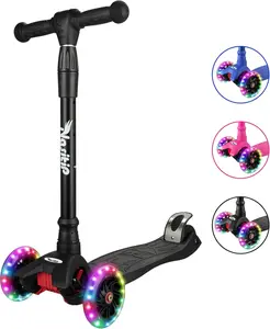 Kick Scooter for Boys Girls, 4 Adjustable Height, AEBC-9 Bearing, 3 Light Up Wheels, Lean to Steer, Outdoor Activities, Deep-Black Balancing Training Safety Brake