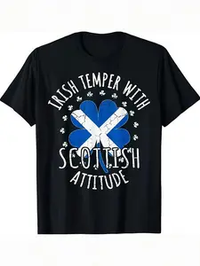Men's. Patrick's Day T-Shirt - Irish Temper & Scottish Attitude Slogan Size Black with Blue & White Celtic Design Cotton Crew Neck Short Sleeve Tee for Scottish/Irish Pride & Irish-Themed Parties Machine Washable PLUS SIZE