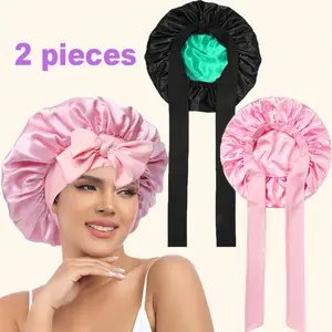 Sleep Bonnet for Curly Hair 2-Pack  – Adjustable Satin Hair Bonnet for Women, Overnight Frizz Control & Hair Protection Haircare Lightweight Heatless Black&Green-Pink Pink