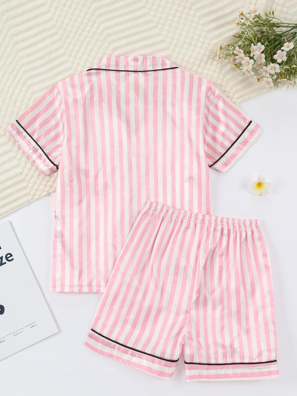 Girl's pink and white striped pajamas set, short sleeved shorts set, suitable as a gift for children