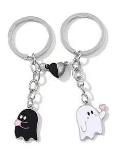 Cute Cartoon Heart Ghost Keychain Set, Alloy Magnetic Pendant for Couples, Halloween Memorial Gift, Creative Fashion Accessory