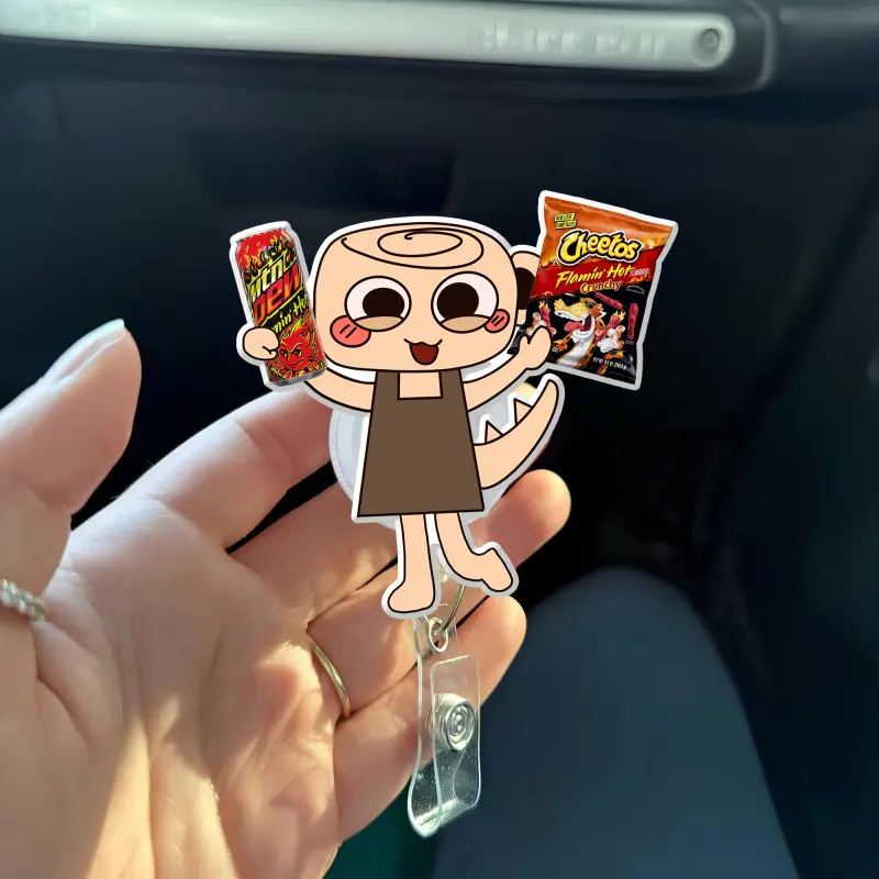 Shelly with hot snacks badge reel, shellydandysworld, shelly keychain, gifts for students