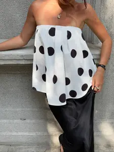 Womens Polka Dot Strapless Sleeveless Babydoll Top Loose Off Shoulder Flowing Tube Blouse Summer Holiday Vacation Outfit Casual Chic Streetwear Elegant Party Top Cute Date Night Outfit Beach Resort Going Out Look Lightweight