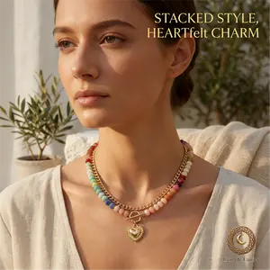 Dopamine Core Multicolor Beaded Boho Chic Necklace, Elegant Stackable Heart Pendant Collarbone Chain layered necklace setfor Everyday Styling gold chain necklace gift necklace for her birthday gift necklace dopamine necklace necklaces for women