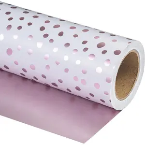 WRAPAHOLIC Reversible Rose Pink Wrapping Paper - Mini Roll - 17 Inch x 33 Feet - Rose Pink Print and Delicate Polka Dots Wrapping Paper for Birthday, Holiday, Wedding, Baby Shower