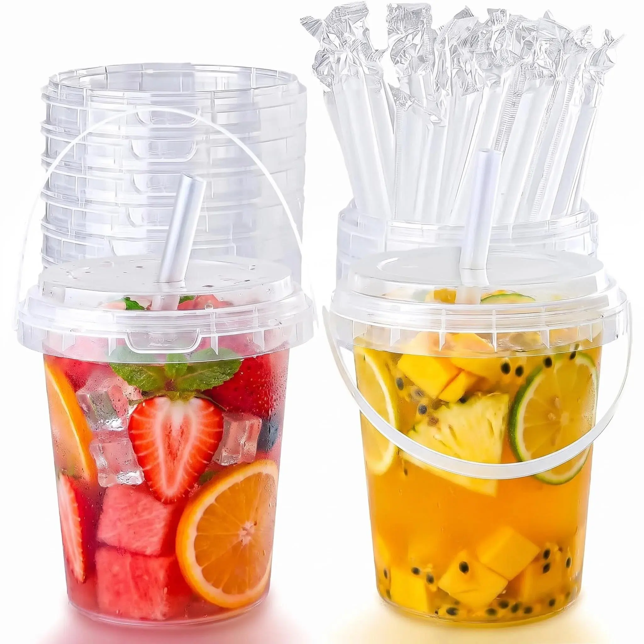 15 Sets 34oz Disposable/Reusable Plastic Cups with Lids and Straws - Transparent Fruit Bucket Cups for Fruit Salad, Cold Drinks, Party Supplies (Home & Festive Tableware)