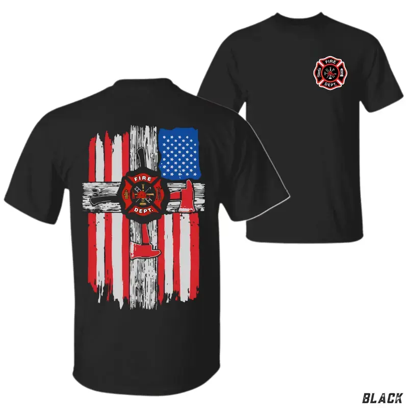 Unisex Vintage Round Neck Short-Sleeve Graphic T-Shirt - Sporty Chic Firefighter Design with USA Flag, Maltese Cross, Party Wear, 2XL/3XL Retro Casual Sports Top for First Responders