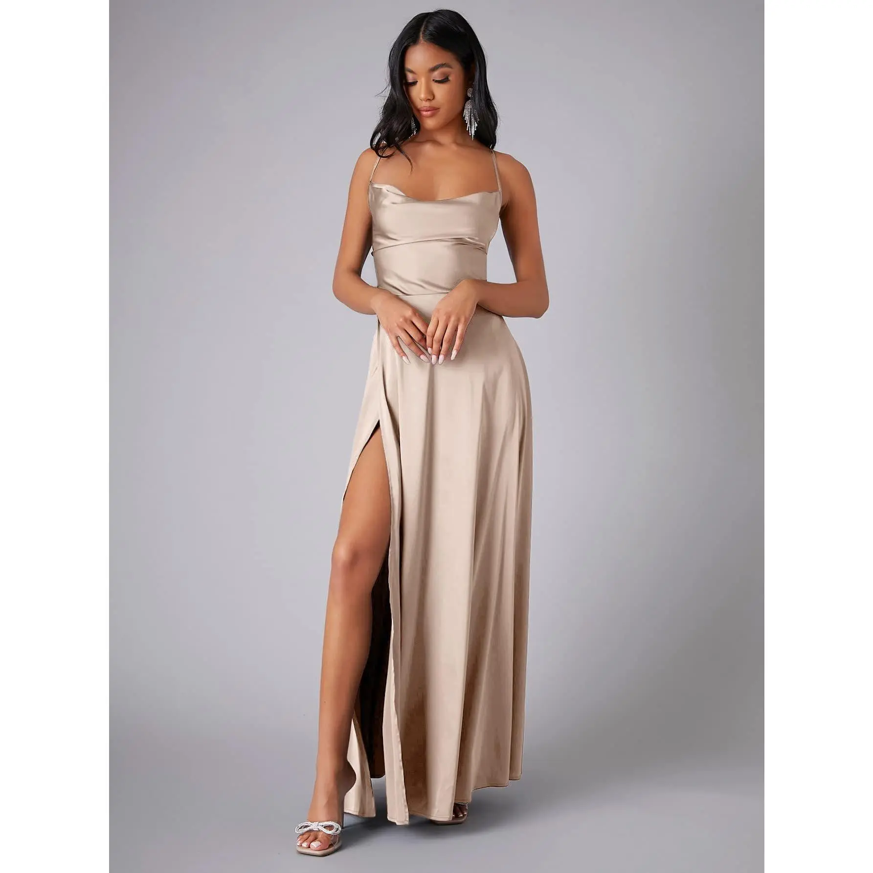Women's Spaghetti Straps Bridesmaid Dresses with Slit Cowl Neck Pleated Mermaid Formal Party Dress