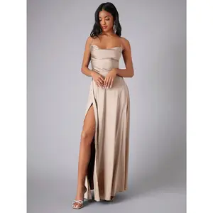 Women's Spaghetti Straps Bridesmaid Dresses with Slit Cowl Neck Pleated Mermaid Formal Party Dress