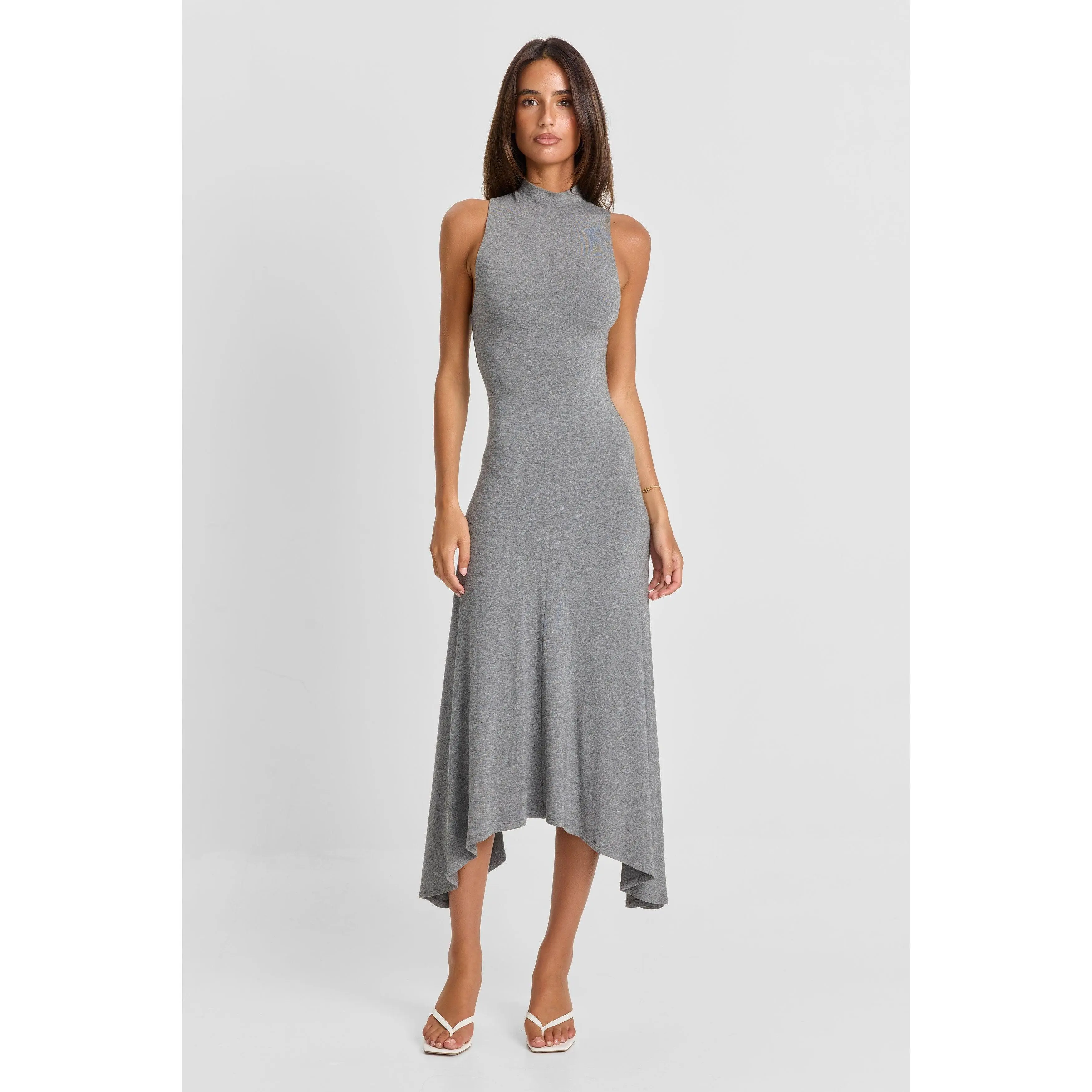 Maeve Midi Dress Grey Marle, Contoured Fit, Fitted Stretch Casual Dresses