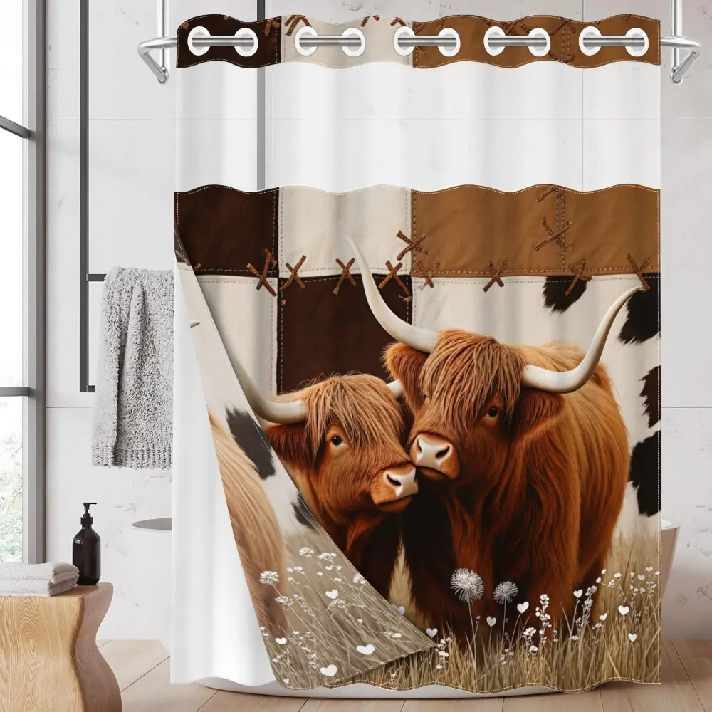 1pc hookless decorative Aesthetic shower curtain with buckle lining, brown and white patchwork design with 2D printing, waterproof fabric lining, see-through double-layer shower curtain, 71 x 74 inches, Waterproof bathroom curtain