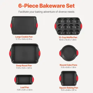 VEVOR Baking Pans Set, 6-Piece, Nonstick Carbon Steel Cookware Sheets Trays, Stackable Kitchen Oven Bakeware Cooking Sets with Silicone Handles, Easy to Clean, for Baking Cookie Cake Muffin Bread